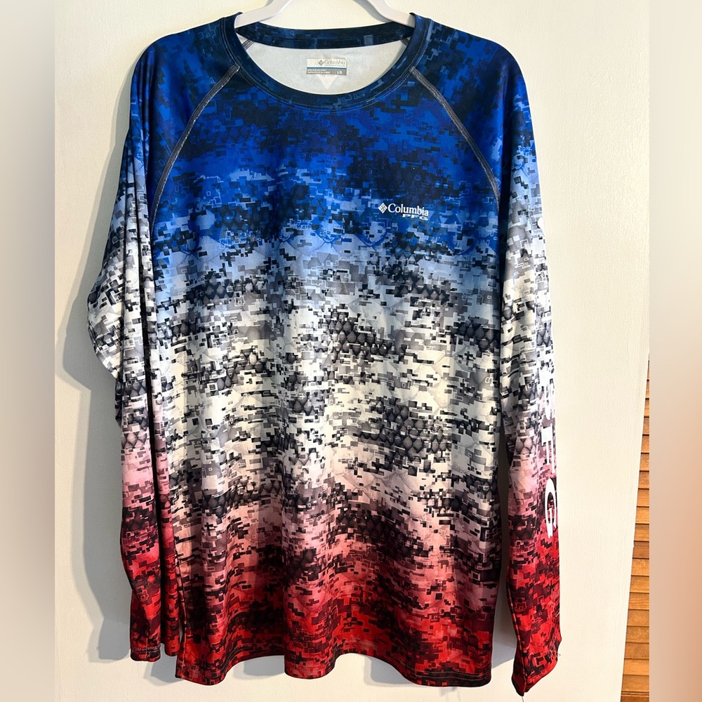 Columbia PFG Performance Fishing Red White Blue Long Sleeve Shirt Size Large